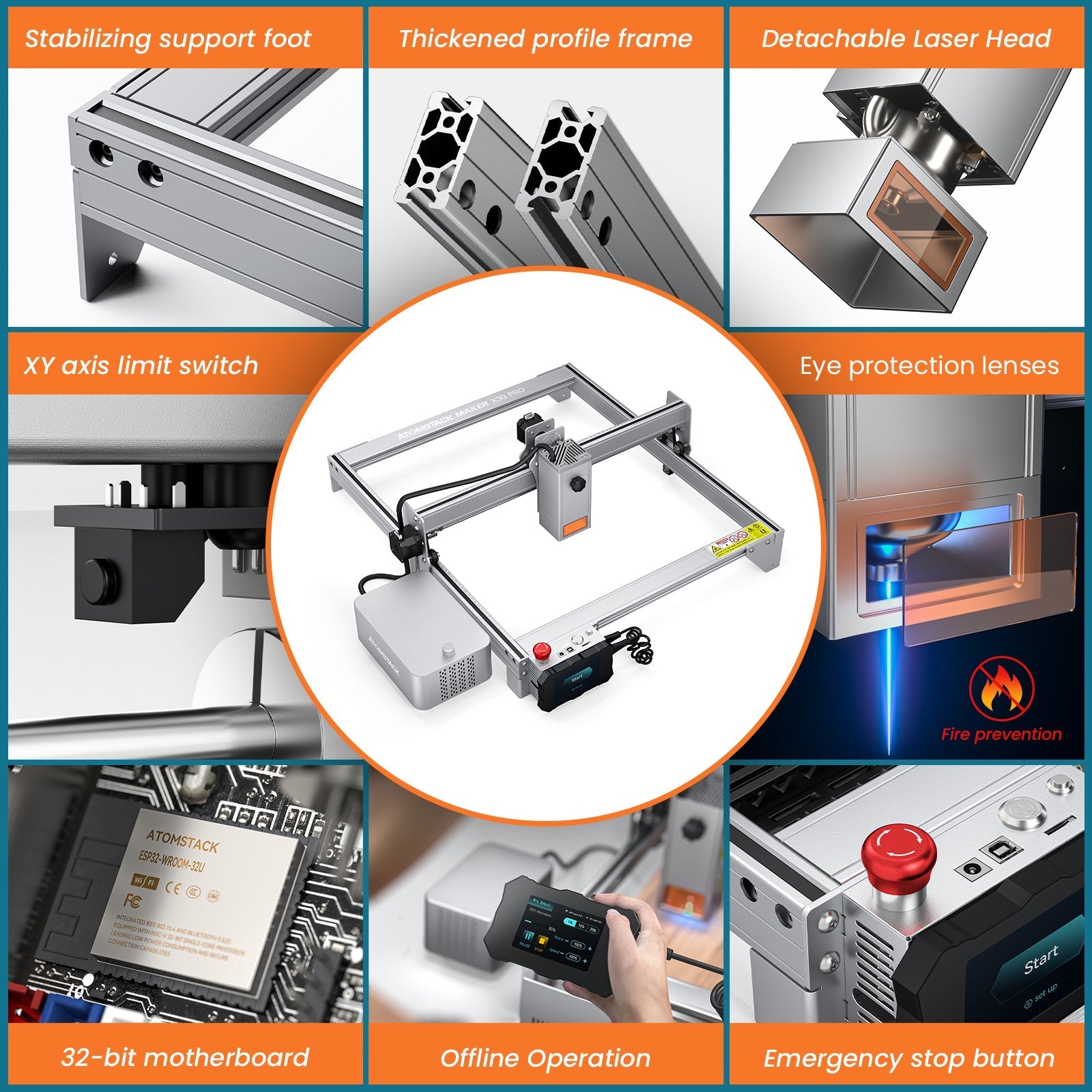 Atomstack X30 Pro 160W Laser Engraving Machine +F3 Matrix Detachable Working Panel ( 460*425 MM ) + R1 PRO Multi-function Chuck Rotary