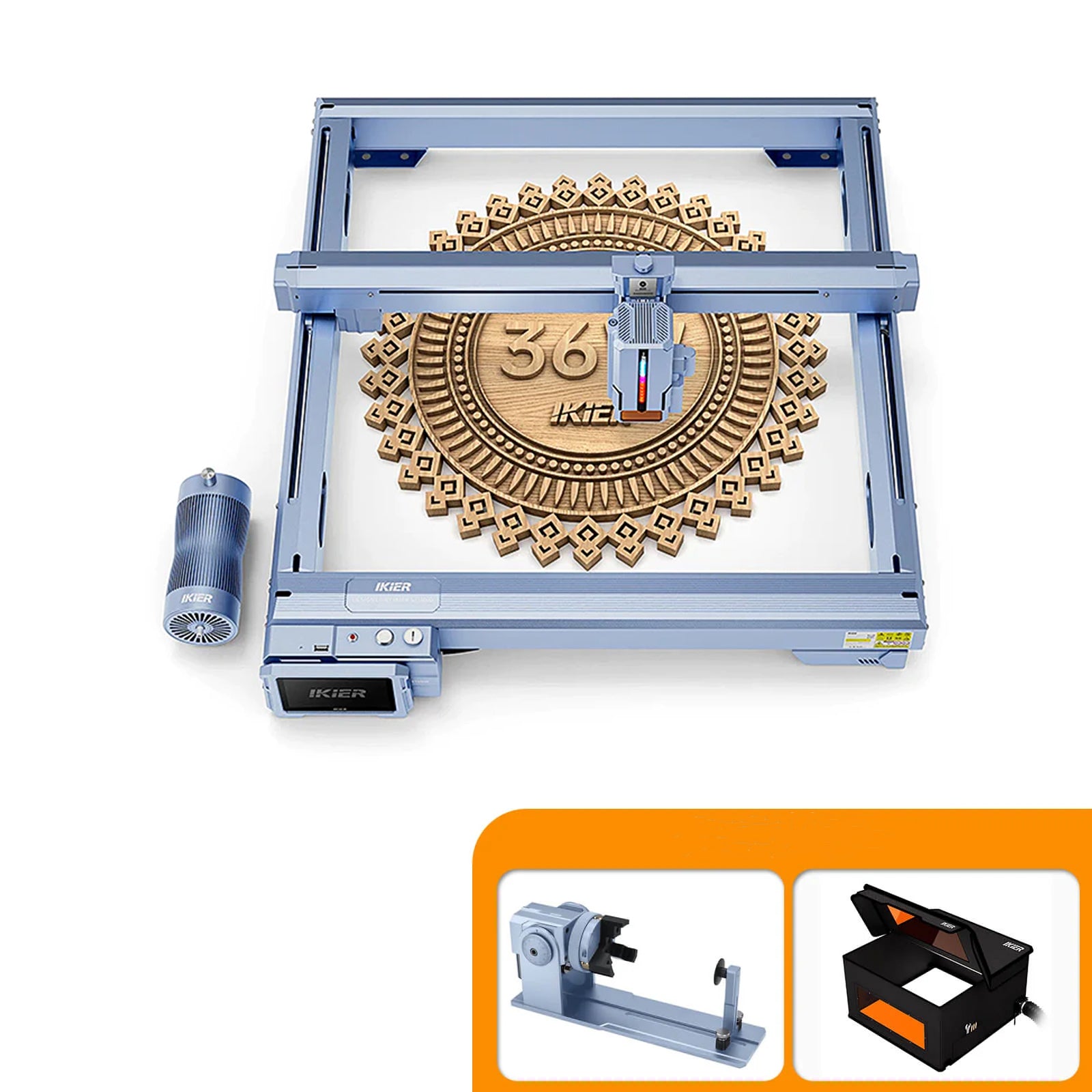iKier K1 Ultra 36W Laser Engraving and Cutting Machine + R1 Multi-function Chuck Rotary + E1 Enclosure